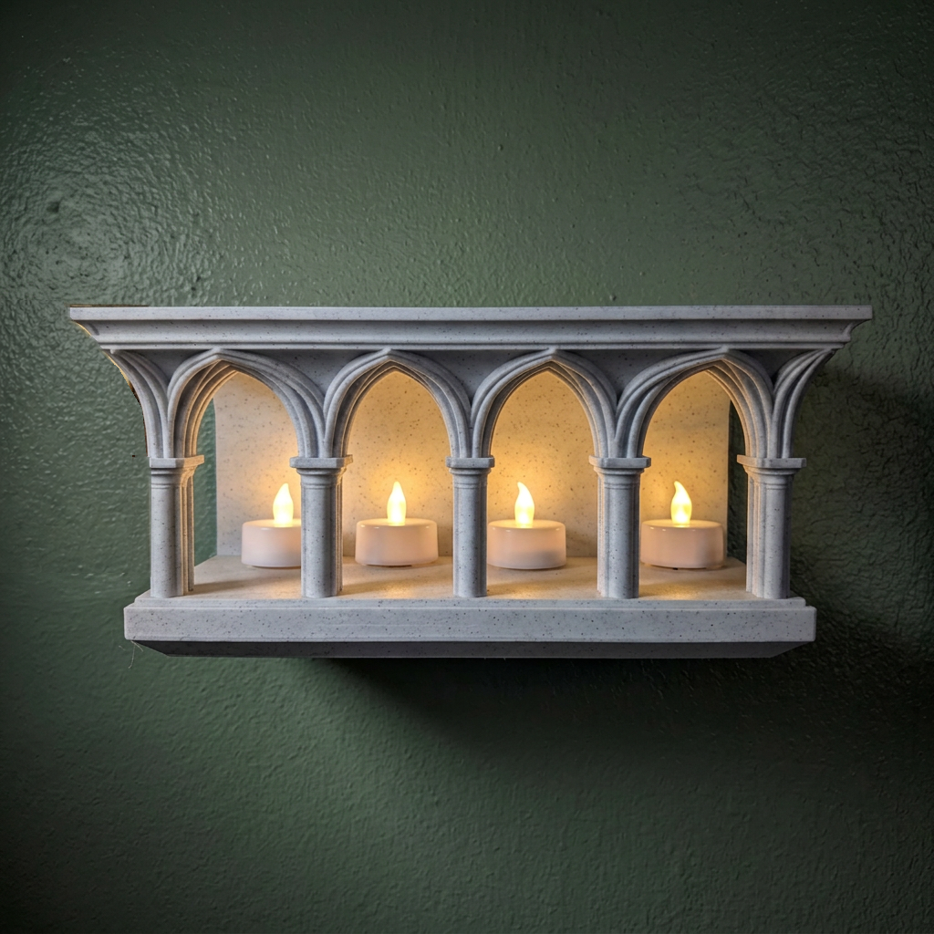 Original white-light ancestor altar viewed from the front, with four arched openings and glowing candles