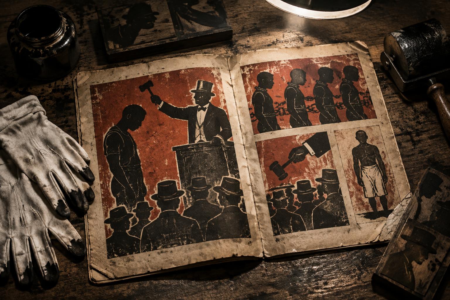Original museum-style illustration of an aged print archive exposing dehumanizing auction imagery