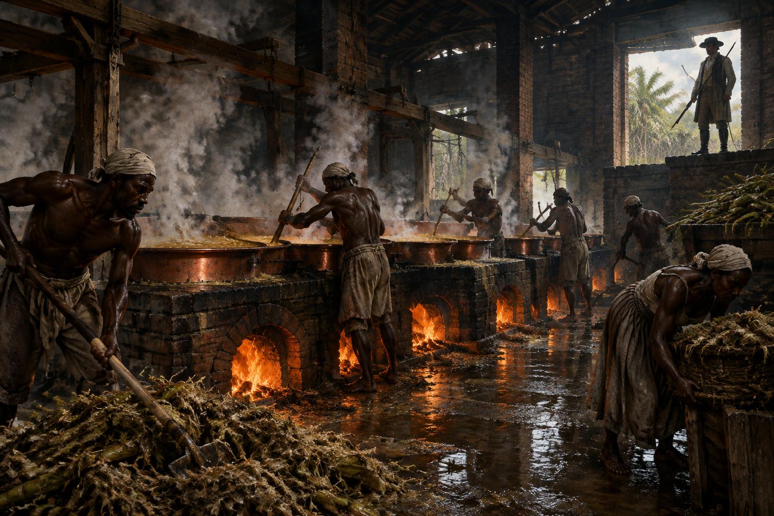 Original documentary illustration of enslaved workers laboring beside open copper kettles in a Caribbean sugar boiling house