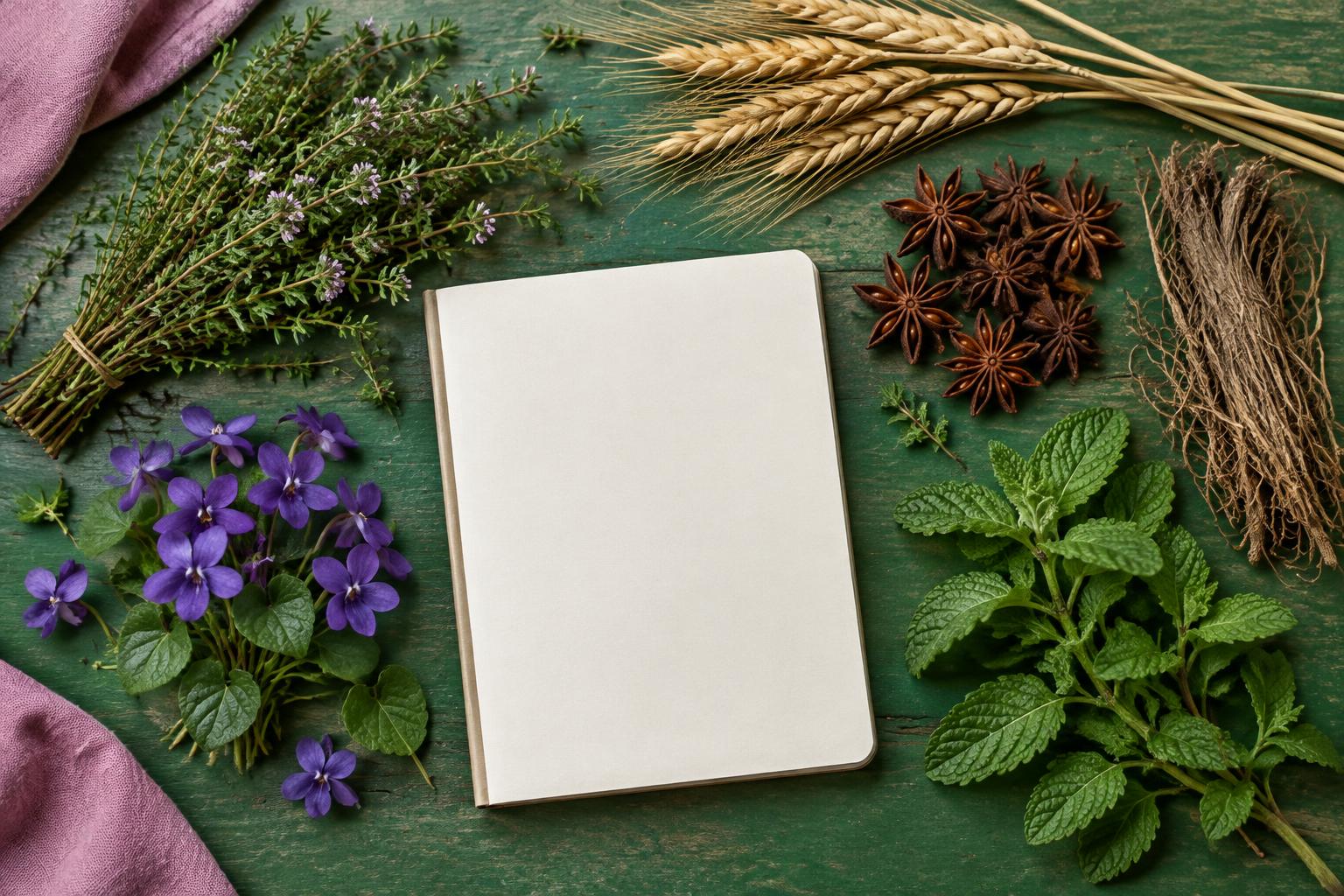 Thyme, violet, wheat, star anise, roots, and spearmint around a study notebook