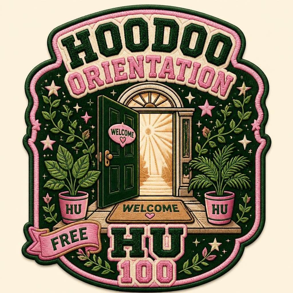 Hoodoo Orientation HU 100 embroidered patch with an open welcome door, potted plants, and stars