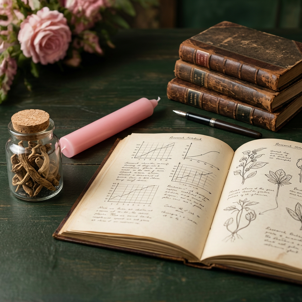 Advanced rootwork research notebook, archival books, roots and a pink candle