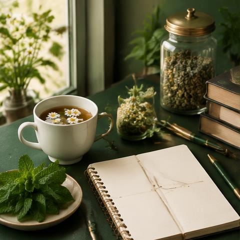 Beginner herbal study notebook, chamomile tea and mint